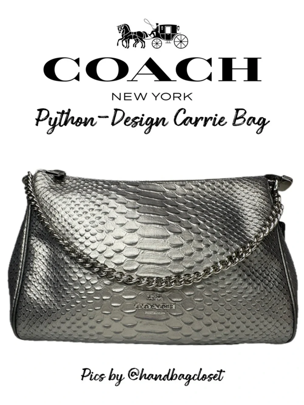 Coach Carrie Python Embossed Leather F35059 Pewter Silver Gunmetal Chain Bag